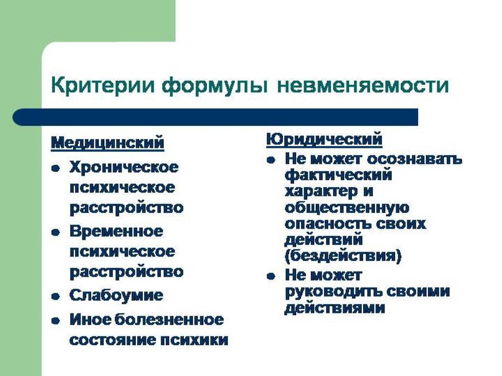 Критерий термин. Критерии невменяемости. Критерии невменяемости в судебной психиатрии. Медицинский и юридический критерий невменяемости. Критерии не вменяемлсти.