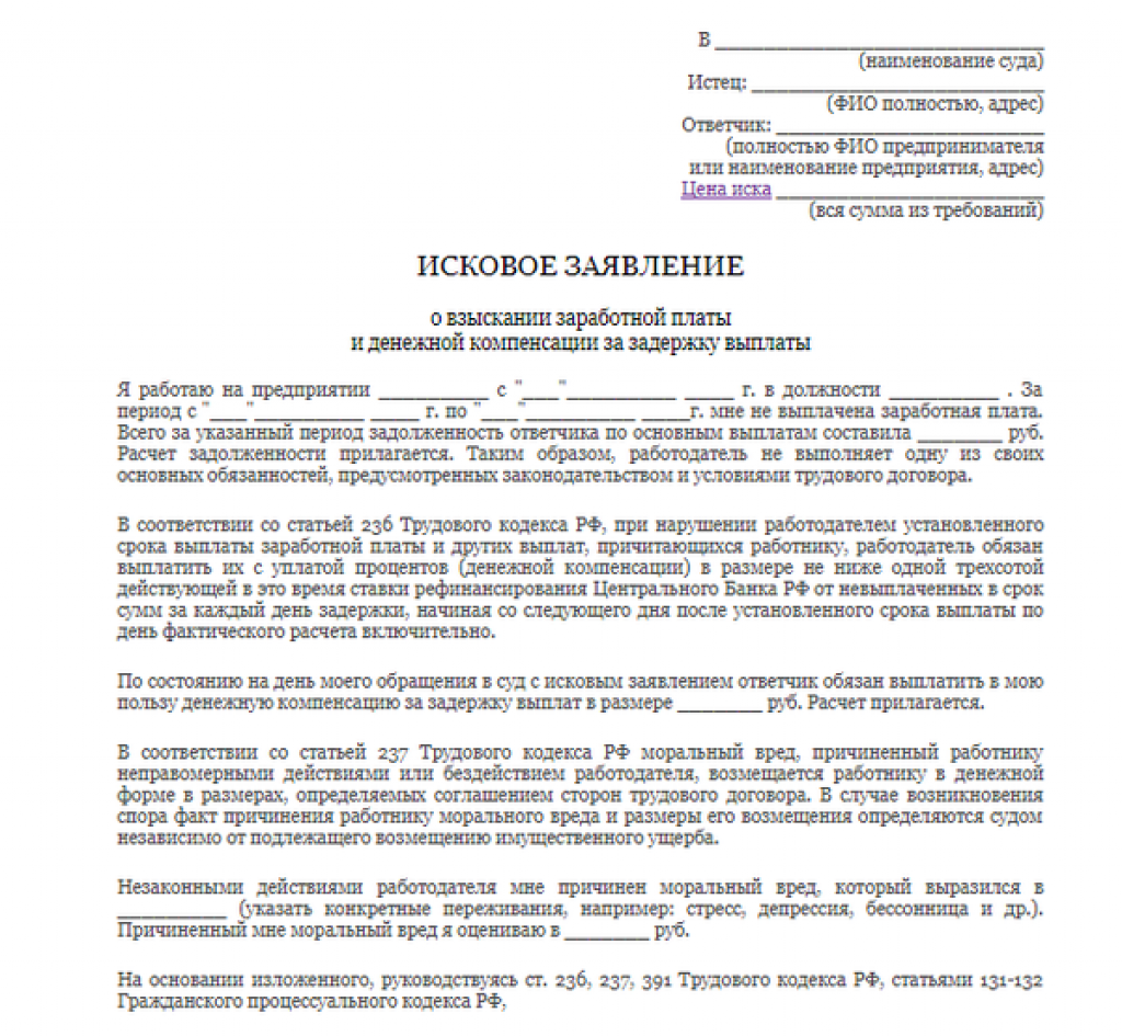 Иск о компенсации за нарушение права на судопроизводство в разумный срок образец